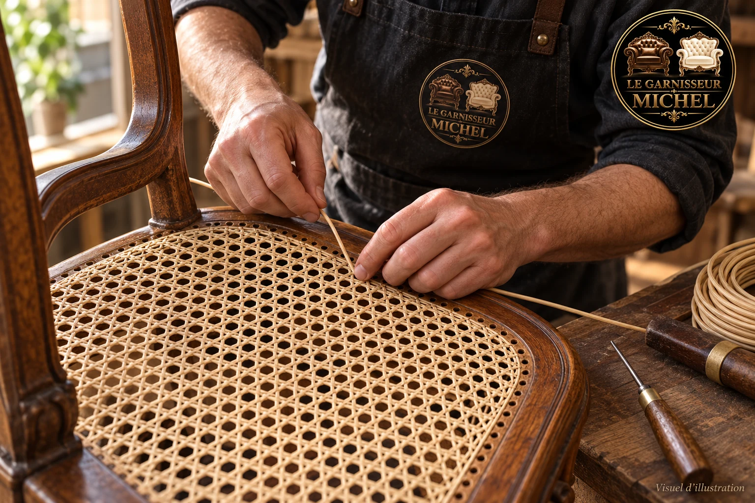 Travail du rotin et régularité du cannage à la main