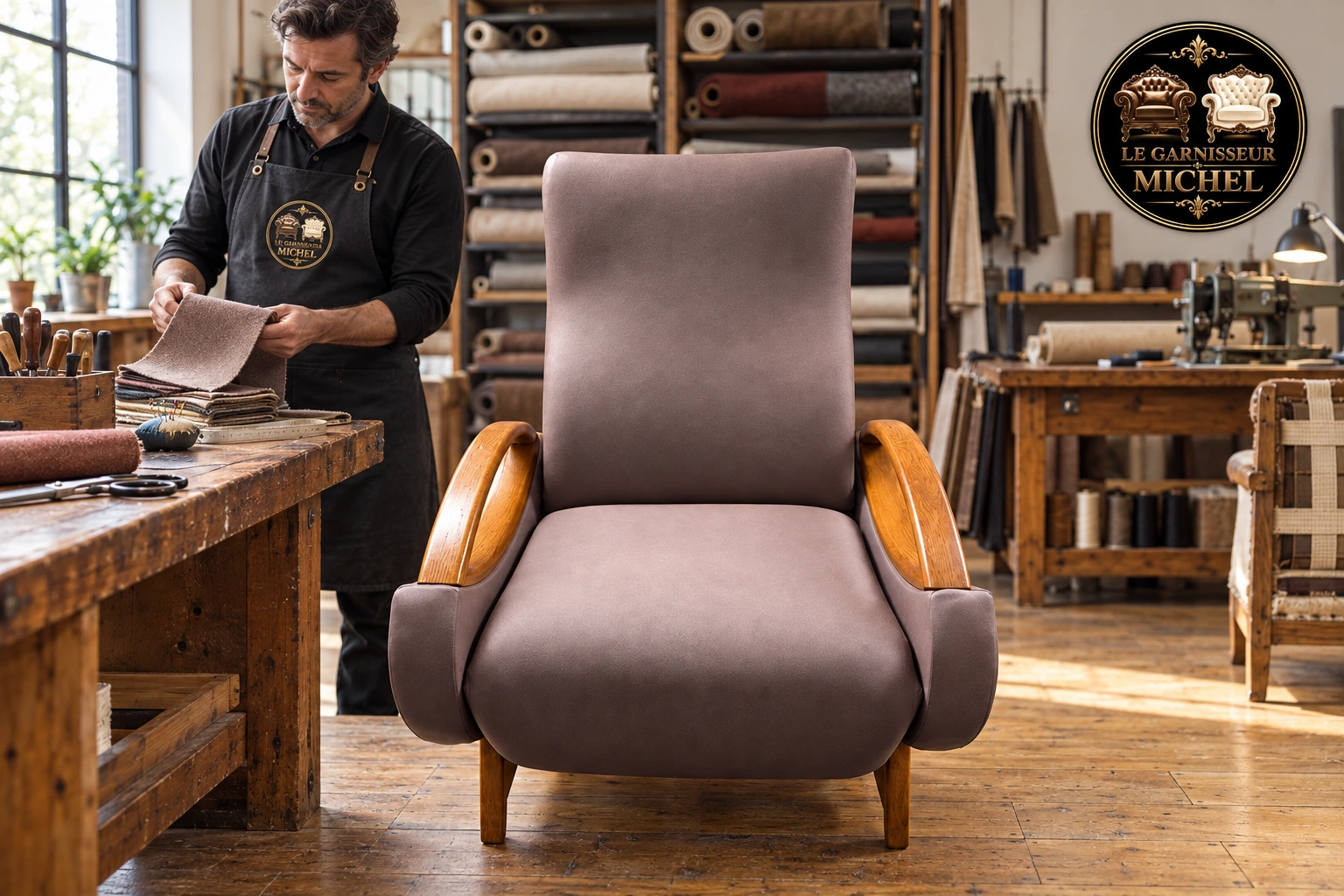 Fauteuil remis en scène dans un atelier de tapisserie