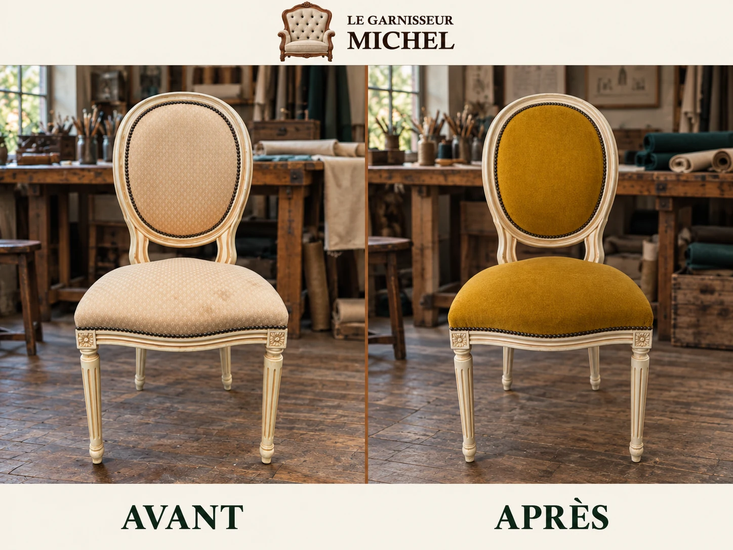 Chaise médaillon en tissu moutarde : avant et après