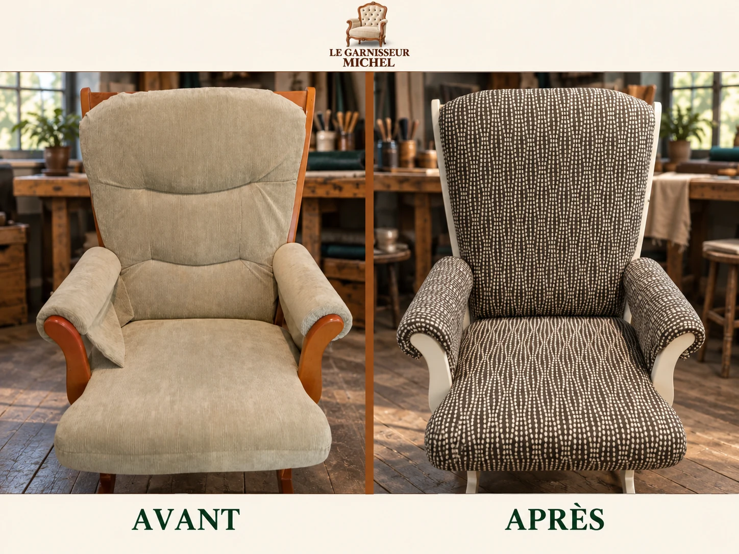 Fauteuil à dossier haut : avant à gauche, après à droite