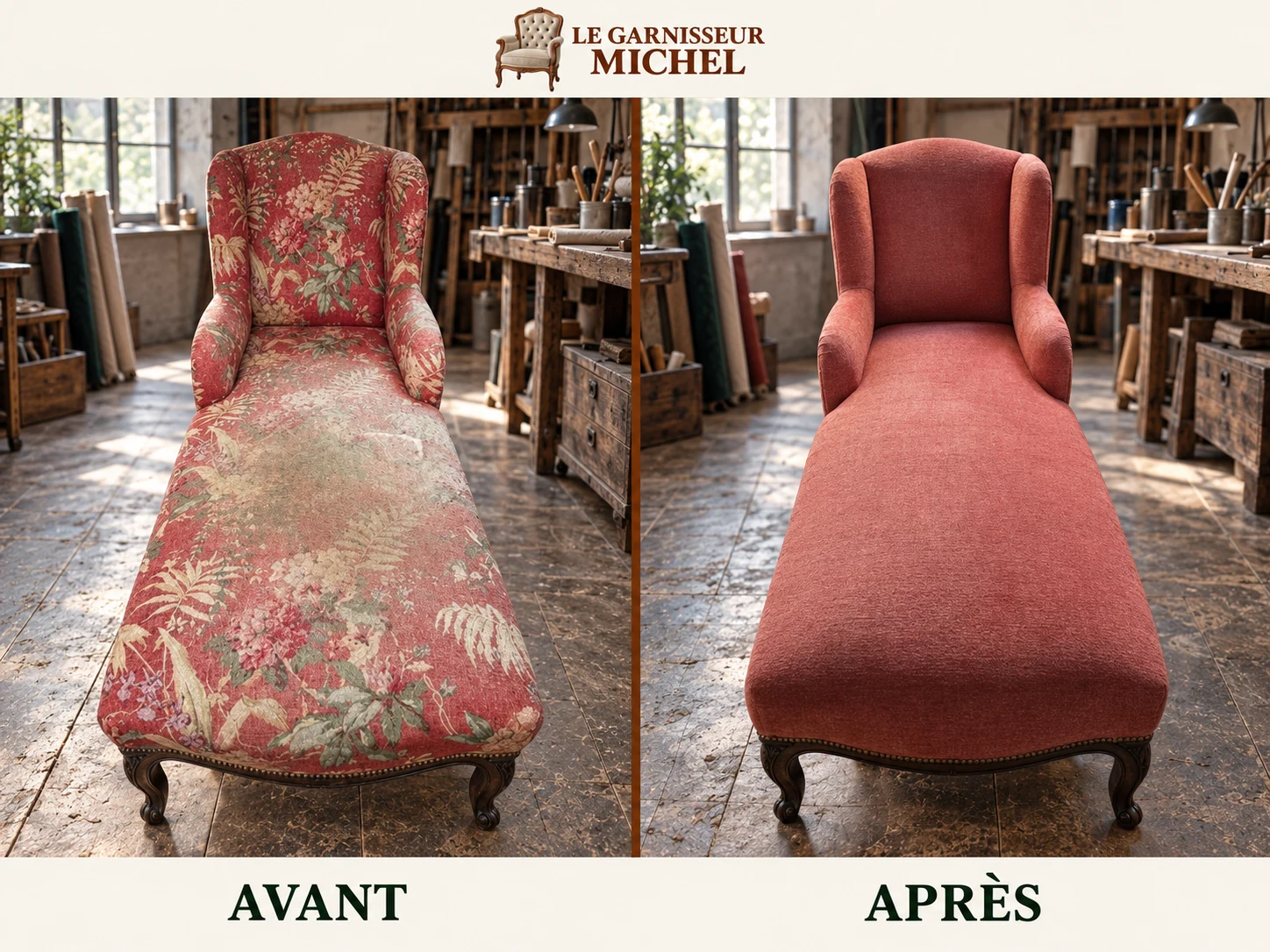 Méridienne aux tons rose tendre : avant à gauche, après à droite