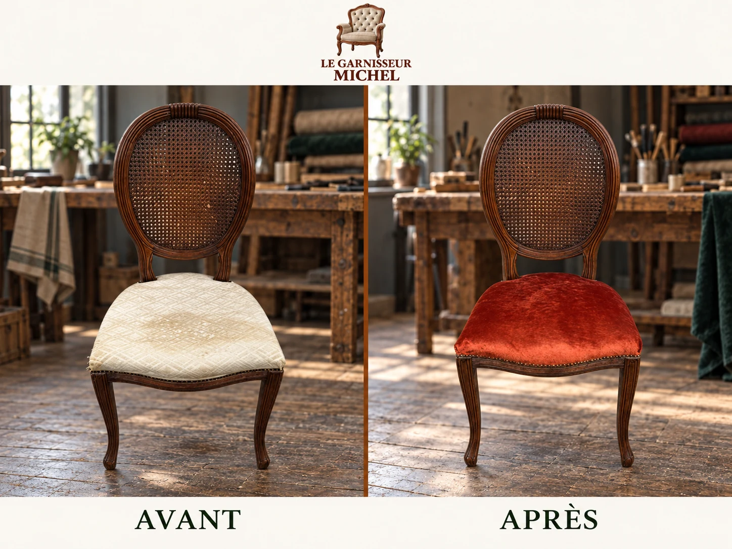 Chaise cannée, assise en velours rouge : avant à gauche, après à droite