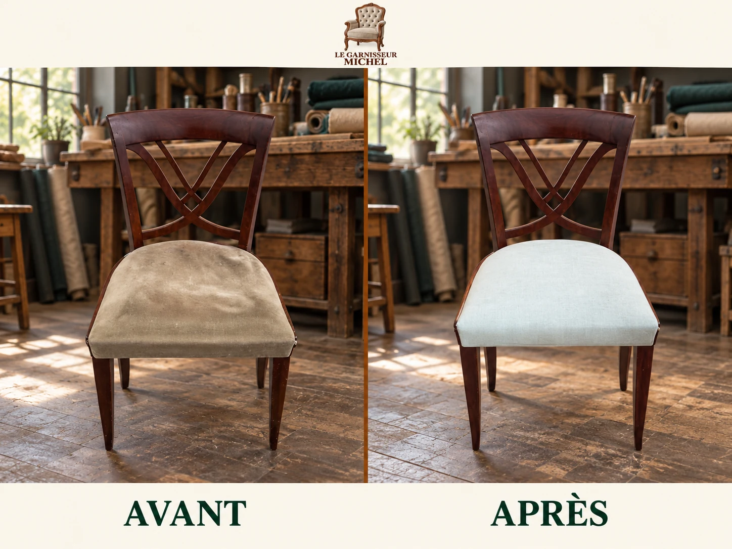 Chaise à dossier ajouré : avant à gauche, après à droite