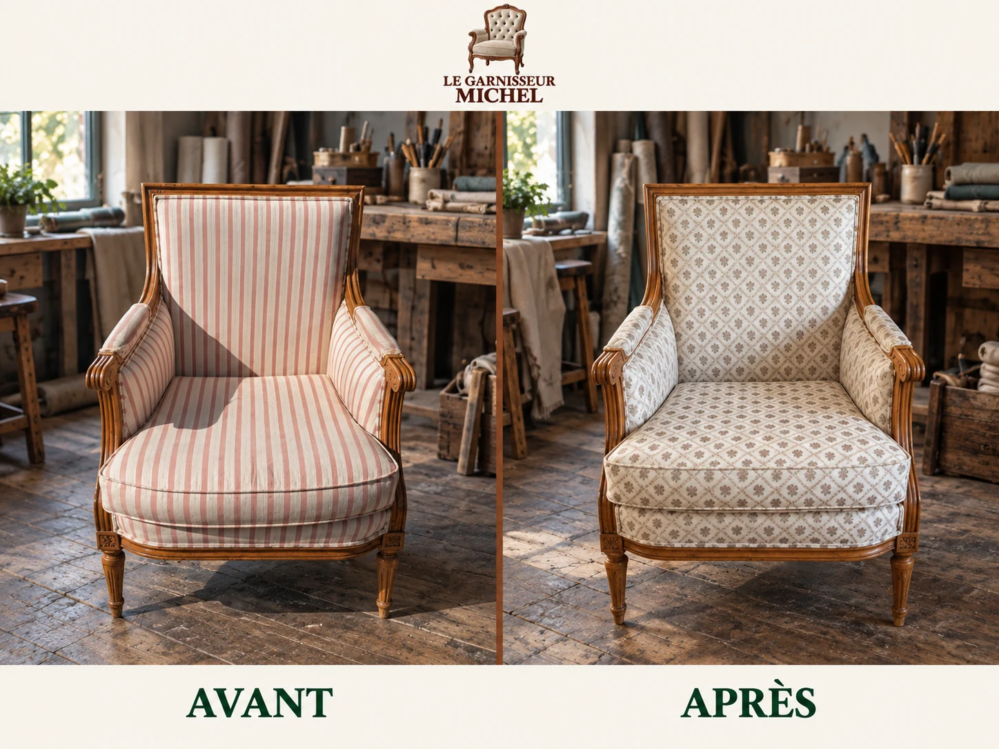 Fauteuil de style à boiseries claires : avant à gauche, après à droite