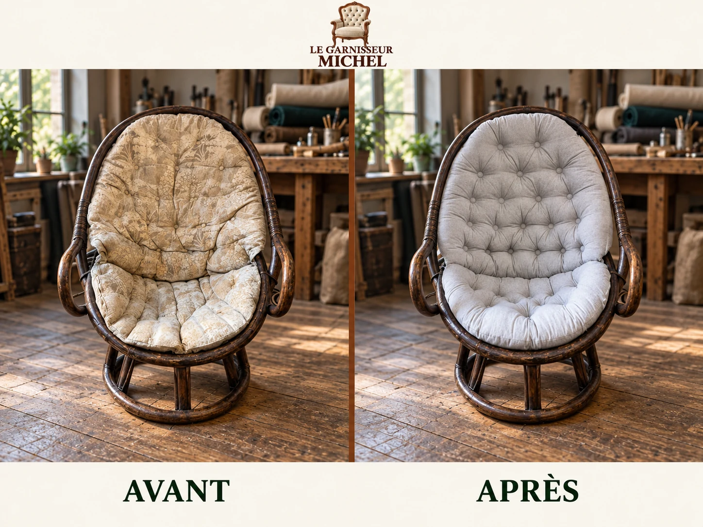 Fauteuil en rotin capitonné : avant à gauche, après à droite