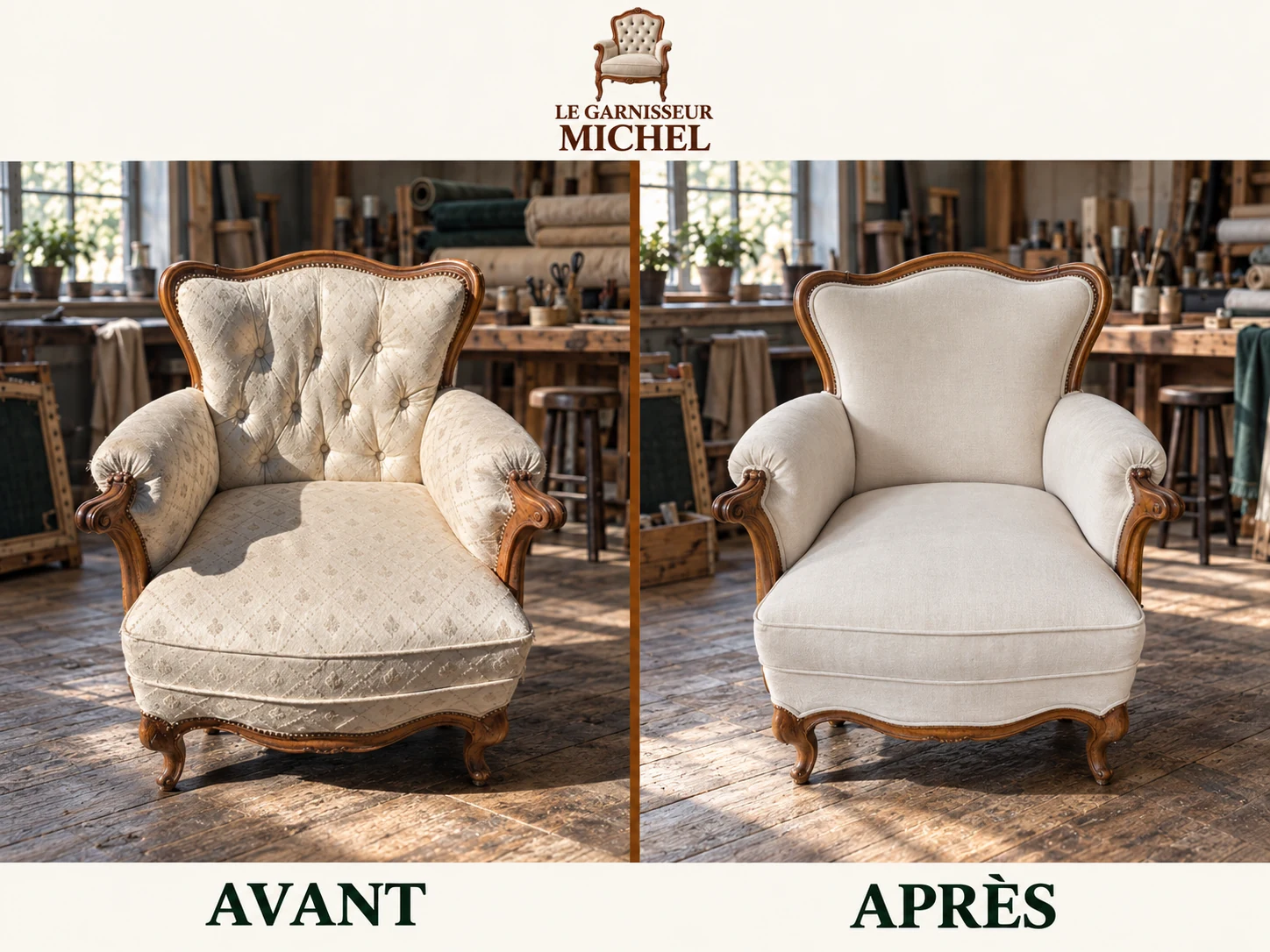 Bergère en tissu crème : avant à gauche, après à droite