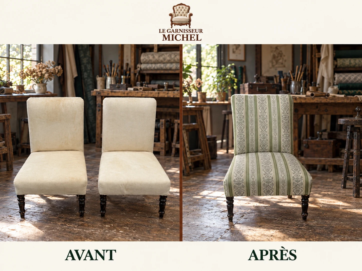 Chaises contemporaines à dossier haut : avant à gauche, après à droite