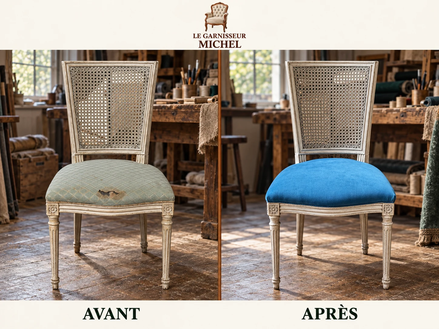 Chaise de style, assise bleue : avant à gauche, après à droite