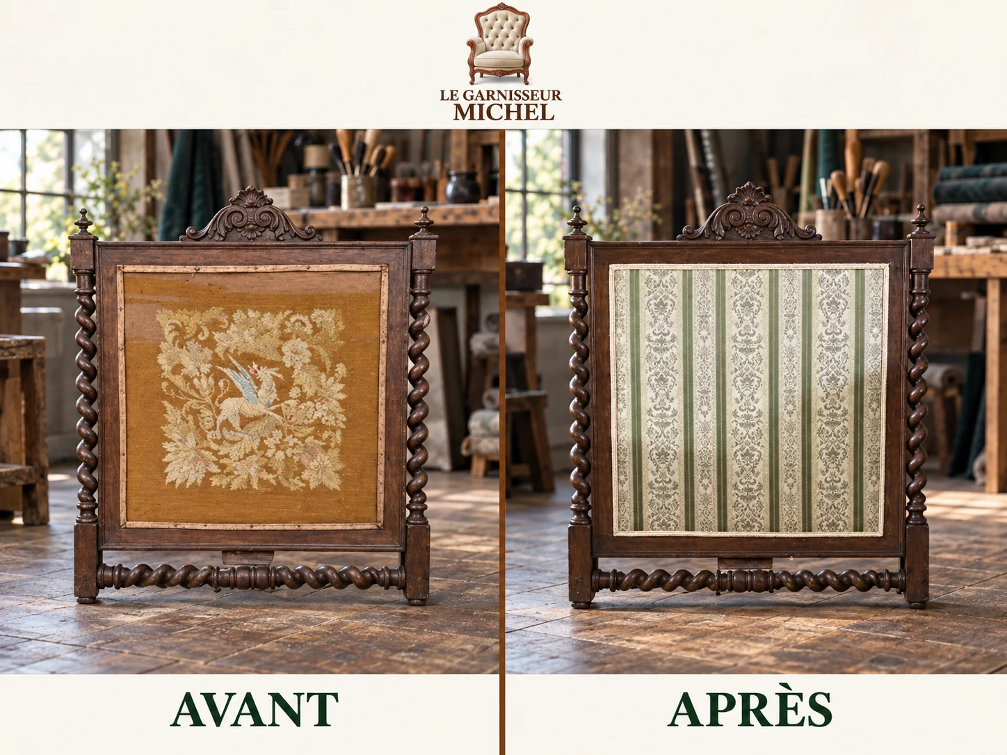 Écran de cheminée en bois sculpté : avant à gauche, après à droite