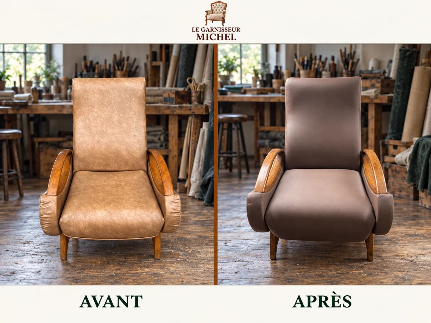 Fauteuil de détente aux accoudoirs bois : avant à gauche, après à droite