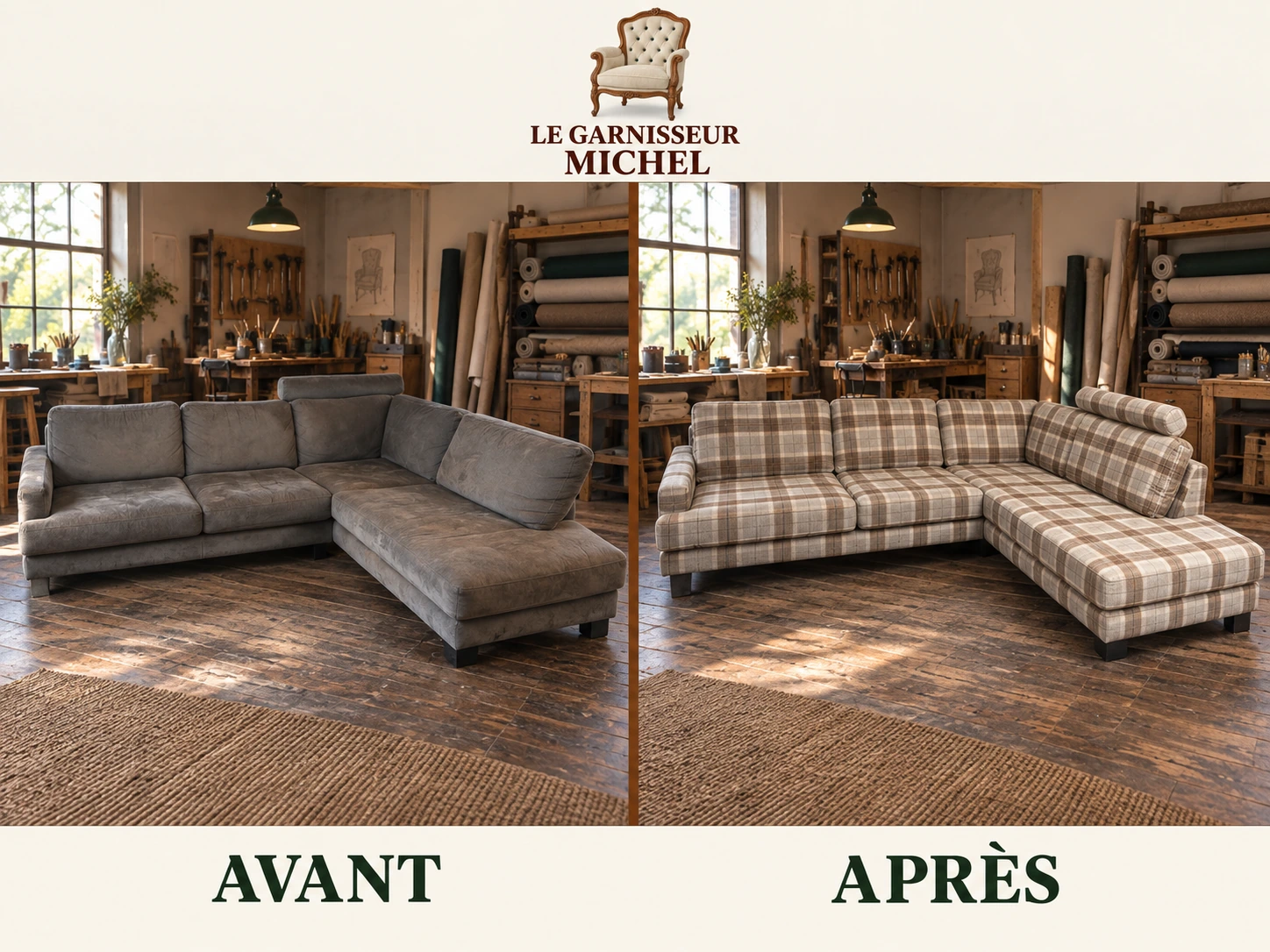 Canapé d’angle habillé de carreaux : avant à gauche, après à droite