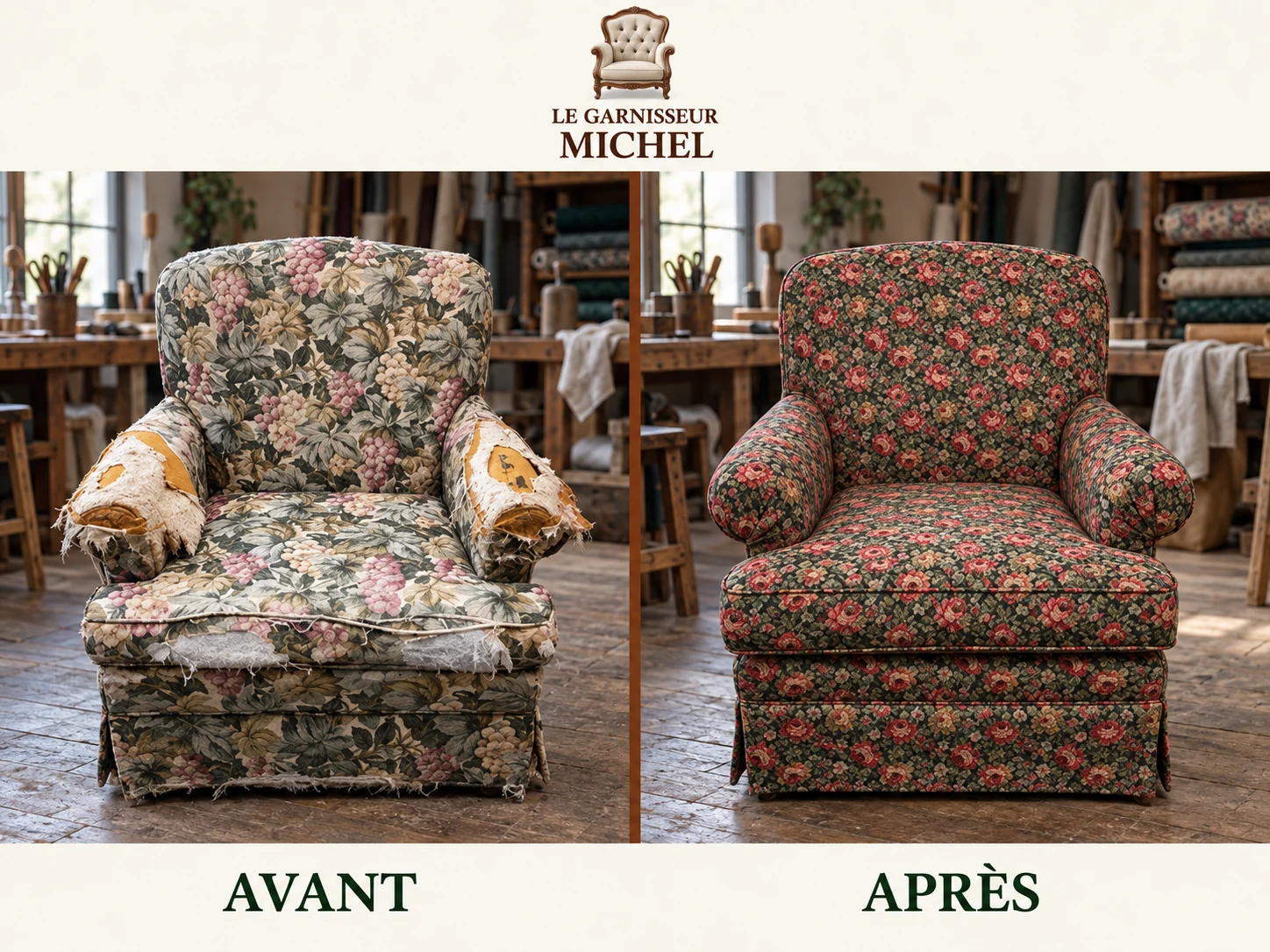 Fauteuil au tissu fleuri : avant à gauche, après à droite