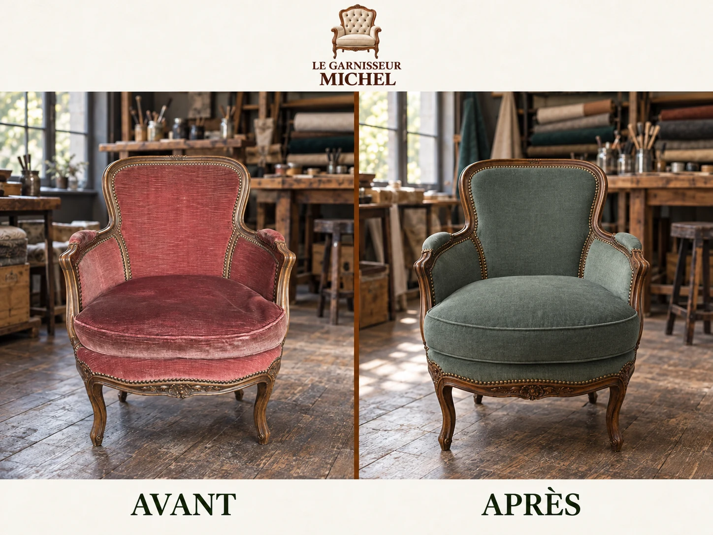 Fauteuil de style en velours vert : avant et après