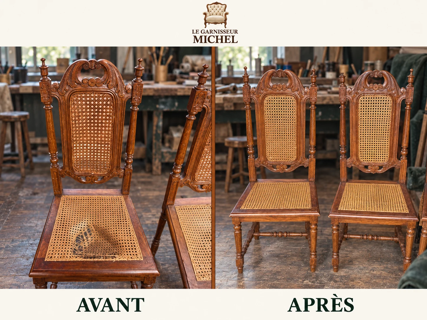 Ensemble de chaises cannées sculptées : avant à gauche, après à droite