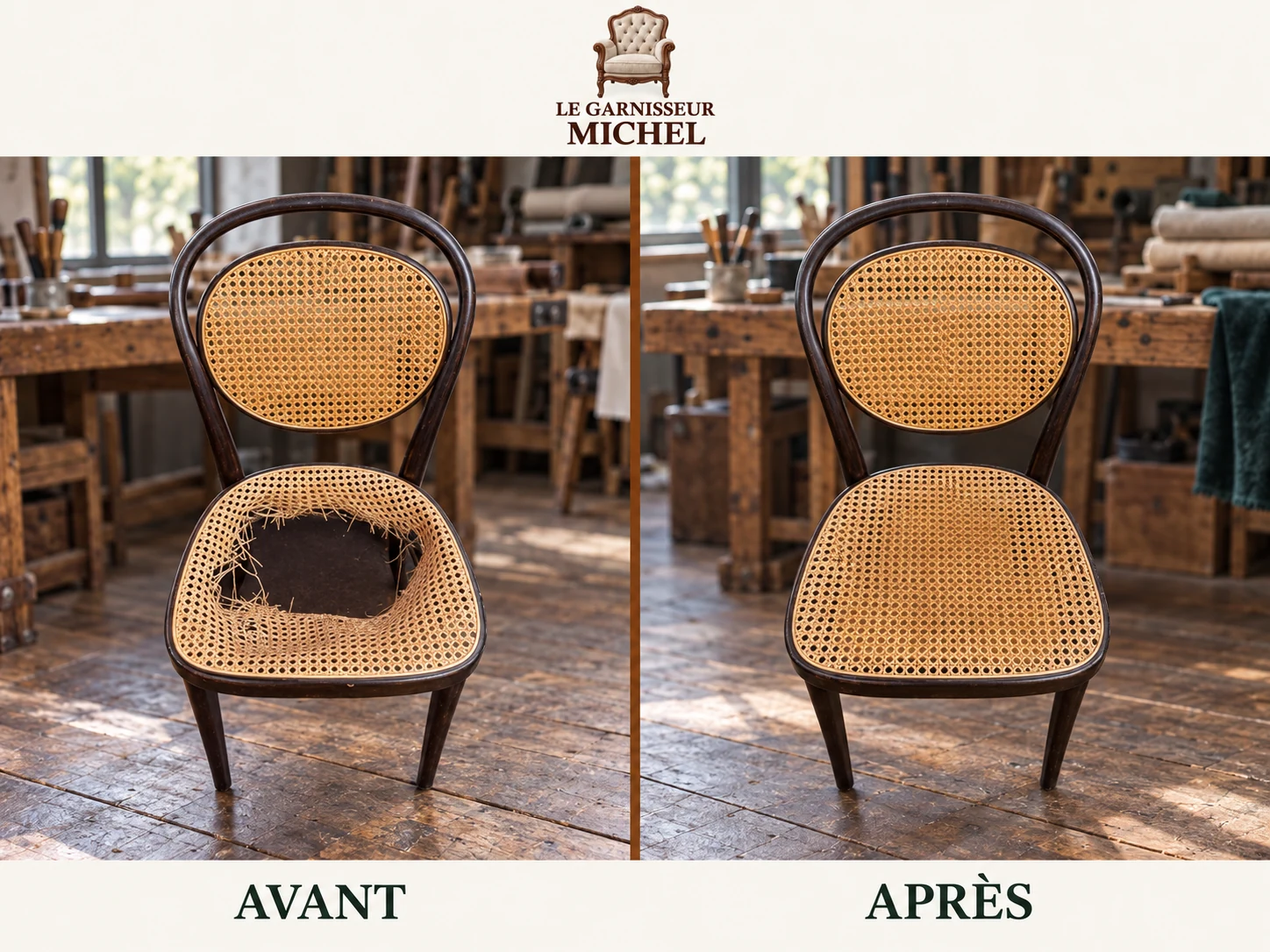 Chaise en bois courbé, cannage restauré : avant à gauche, après à droite