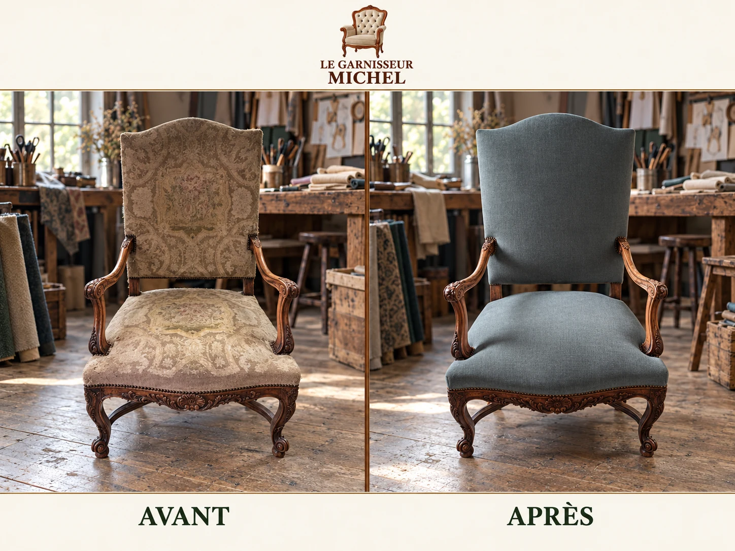 Fauteuil de style en tissu gris : avant à gauche, après à droite