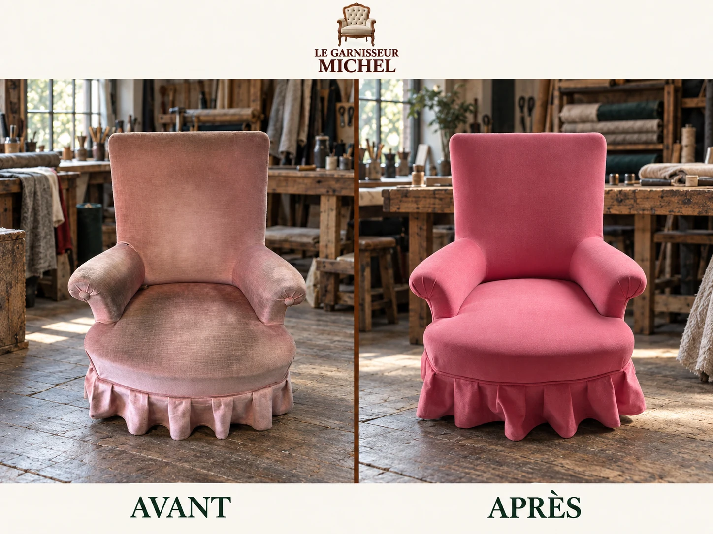 Fauteuil à jupe plissée rose : avant à gauche, après à droite