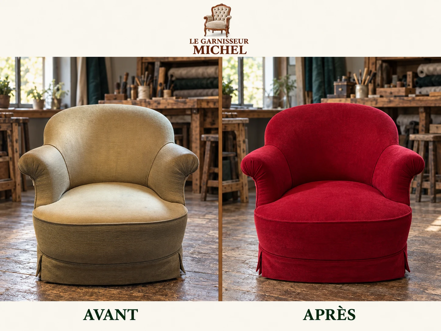 Fauteuil arrondi en tissu rouge : avant à gauche, après à droite