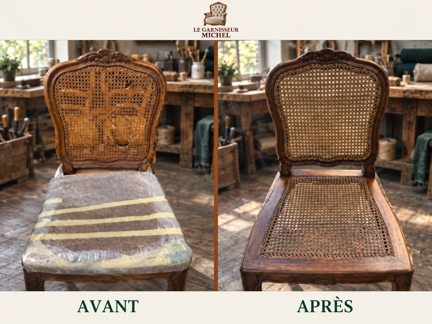 Chaise ancienne à dossier canné : avant à gauche, après à droite