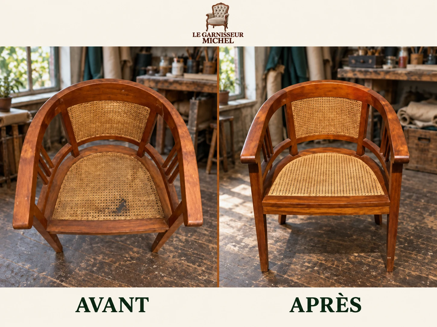 Fauteuil de bureau en bois courbé : avant à gauche, après à droite