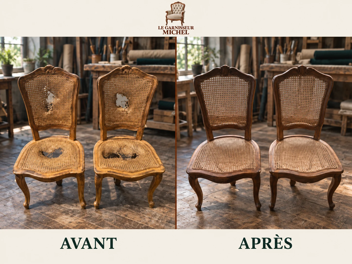Paire de chaises cannées : avant à gauche, après à droite