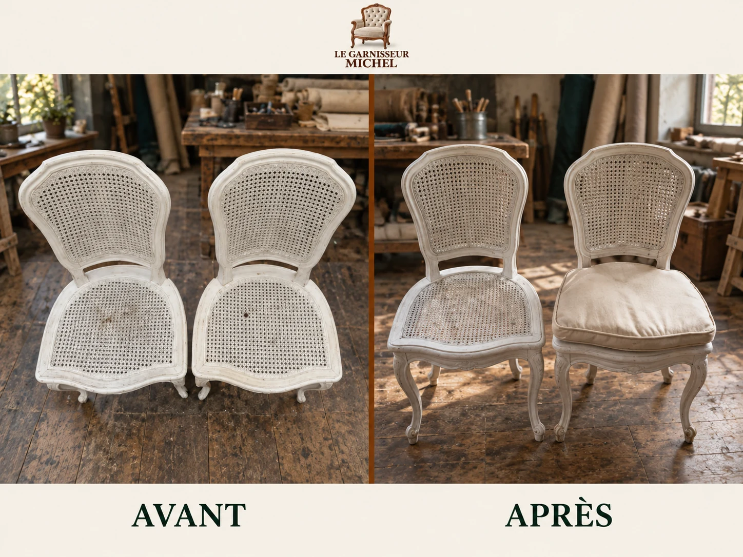 Chaises de style aux boiseries claires : avant à gauche, après à droite