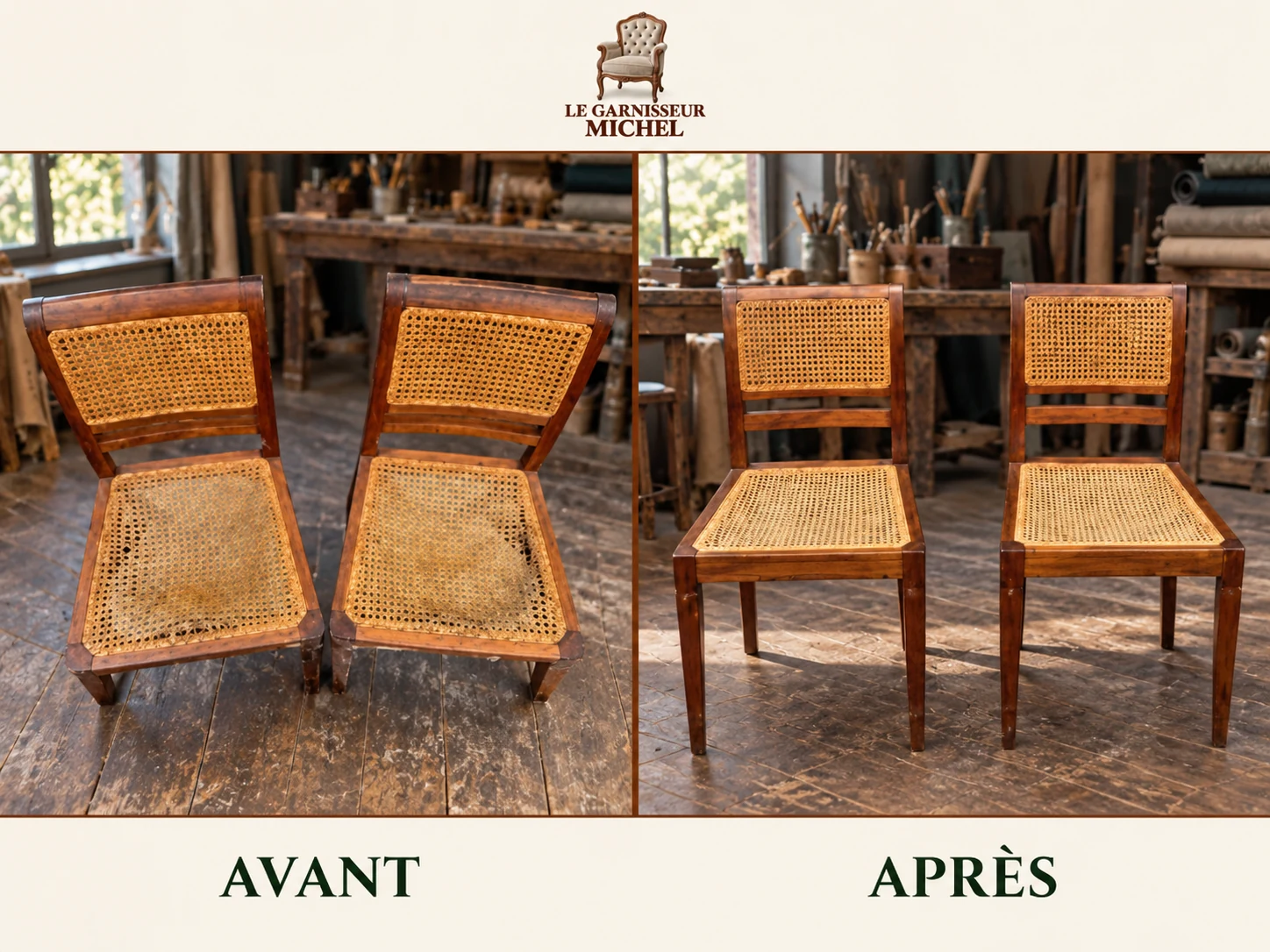 Chaises en bois et cannage : avant à gauche, après à droite