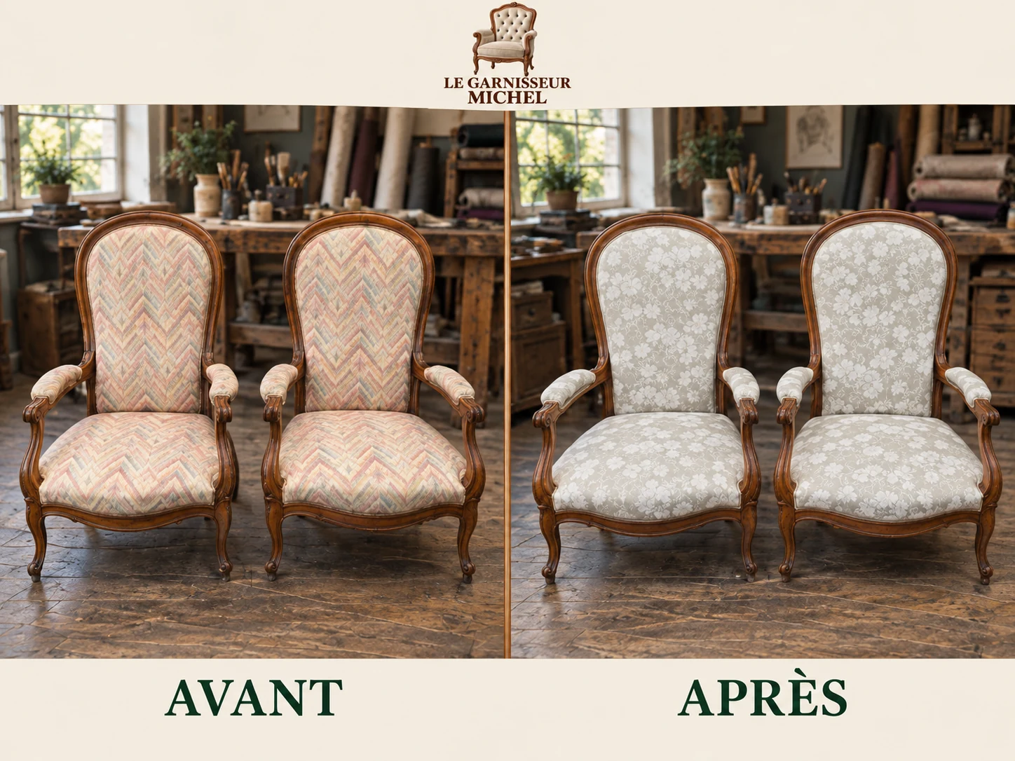 Paire de fauteuils à motifs floraux : avant à gauche, après à droite