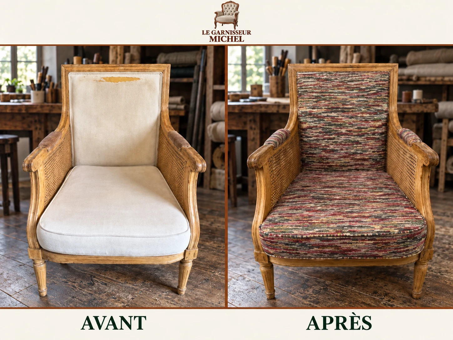 Fauteuil au tissu multicolore : avant à gauche, après à droite