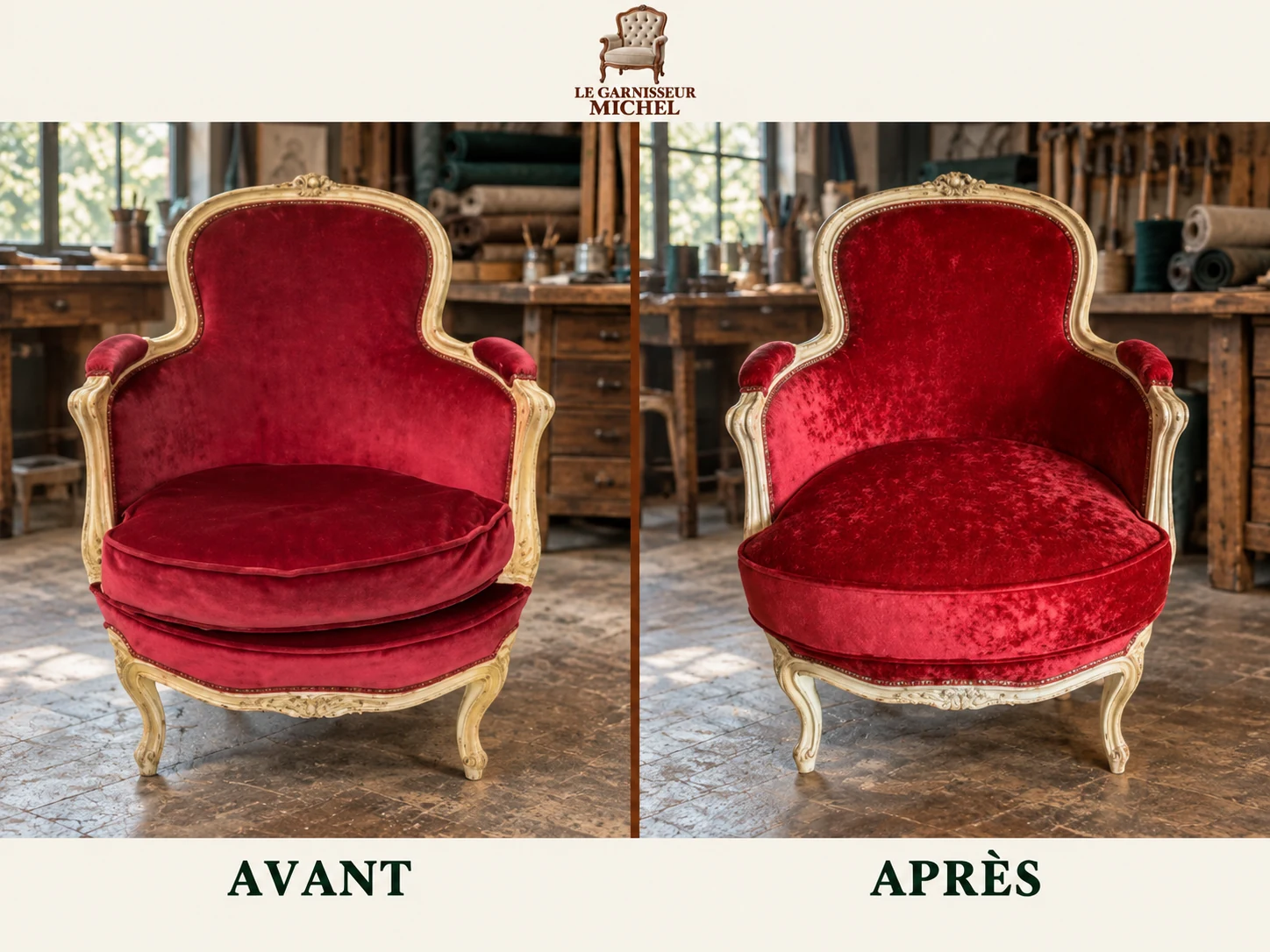 Fauteuil de style en velours rouge : avant à gauche, après à droite