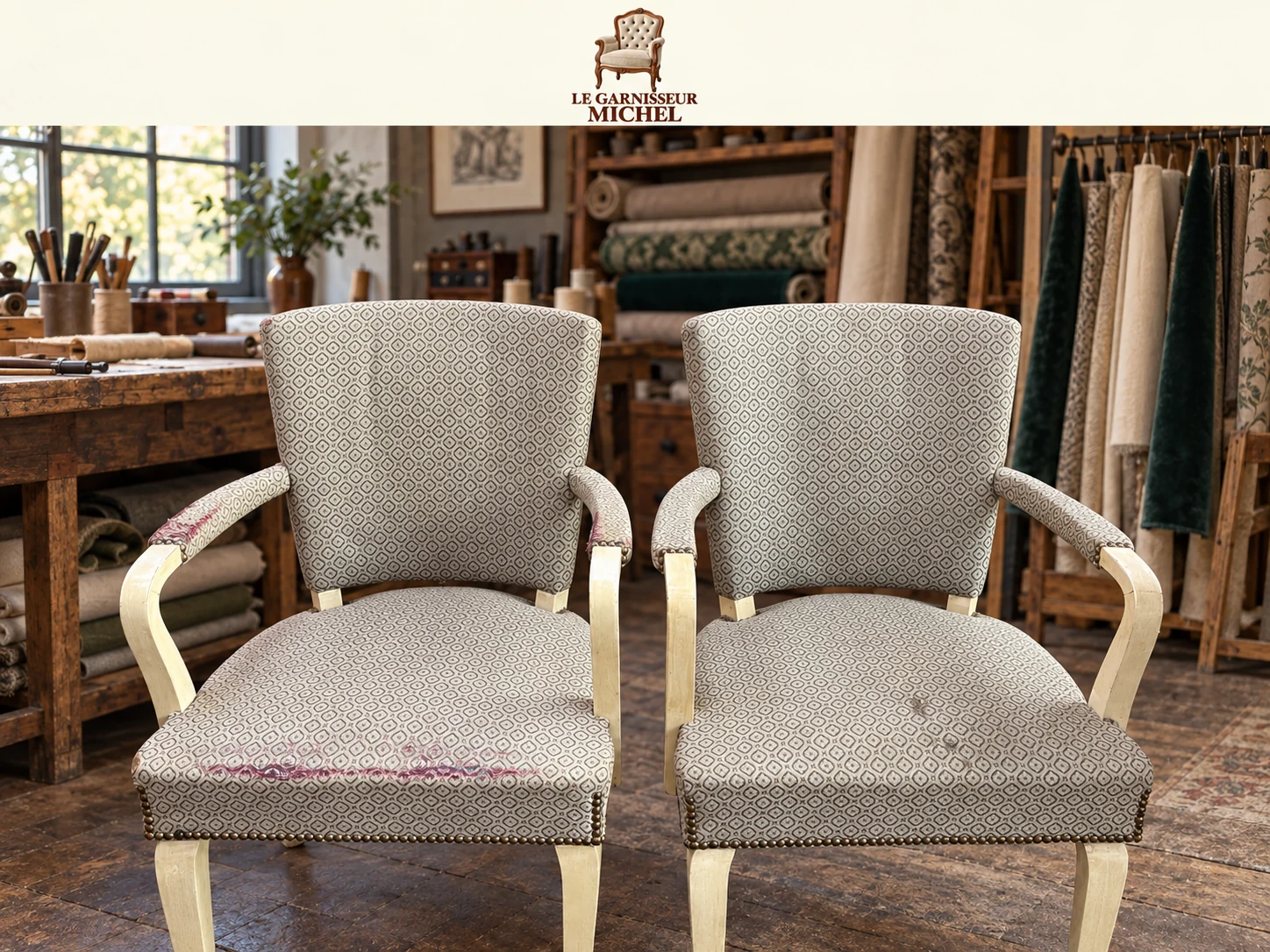 Duo de fauteuils aux boiseries claires