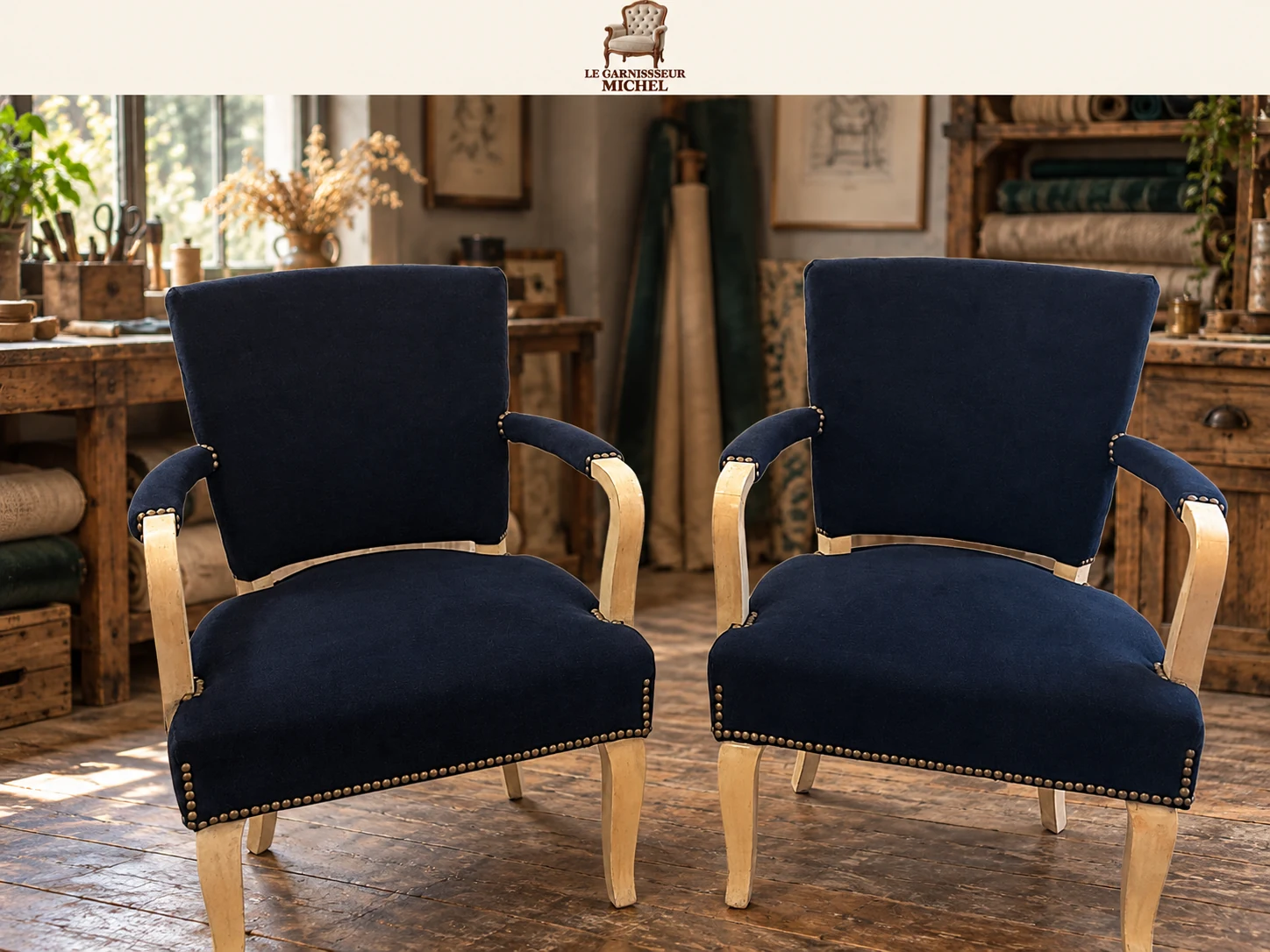 Duo de fauteuils en tissu bleu profond