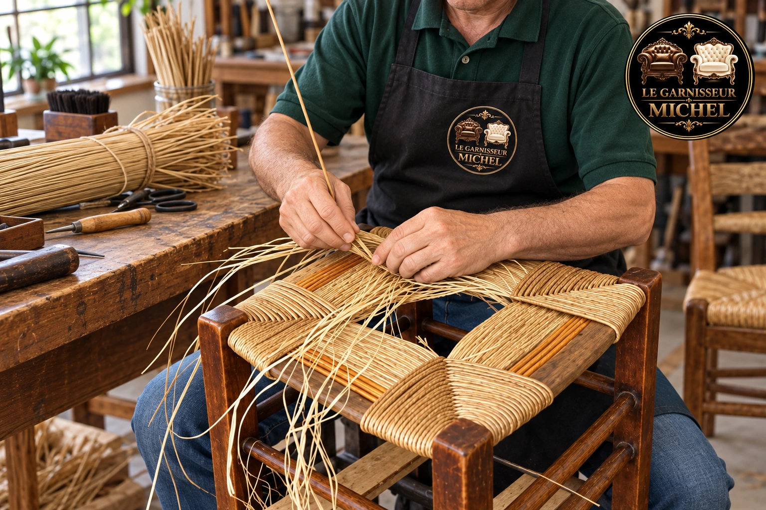 Rempaillage d’une assise en fibres naturelles à l’établi