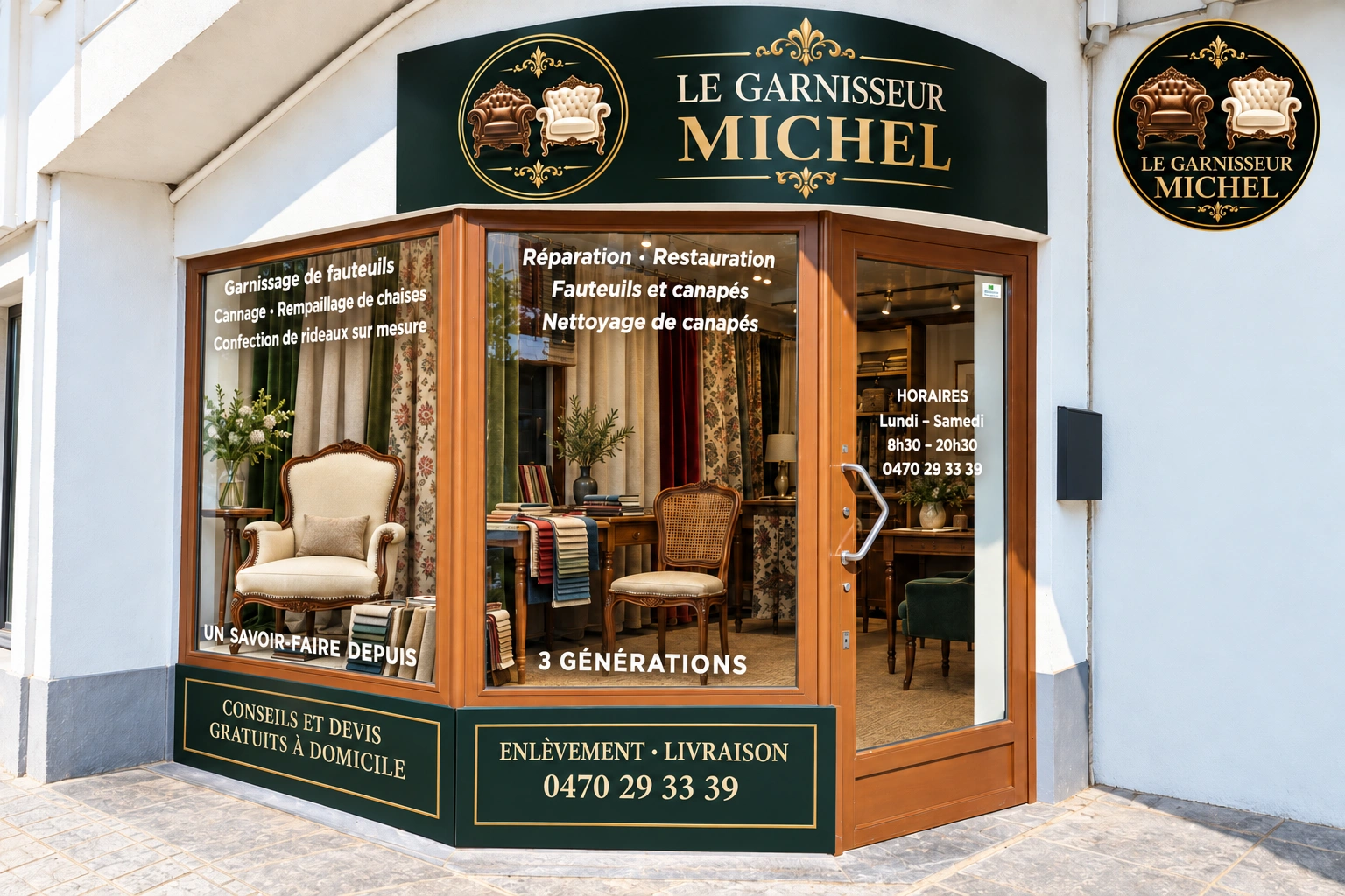 Façade du Garnisseur Michel avec les activités, les horaires et la mention Un savoir-faire depuis 3 générations